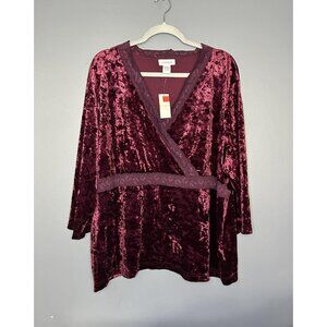 Avenue Shirt Womens 26/28 Burgundy Crushed Velvet Lace Trim Long Sleeve 90s‎ Y2K